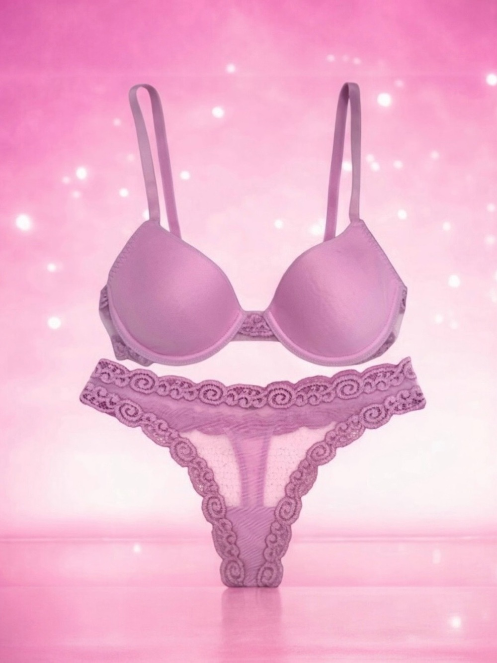 🆕💞NATORI Lightweight Lace T-Shirt Bra + Lace Thong SET • PINK • 32B & Small